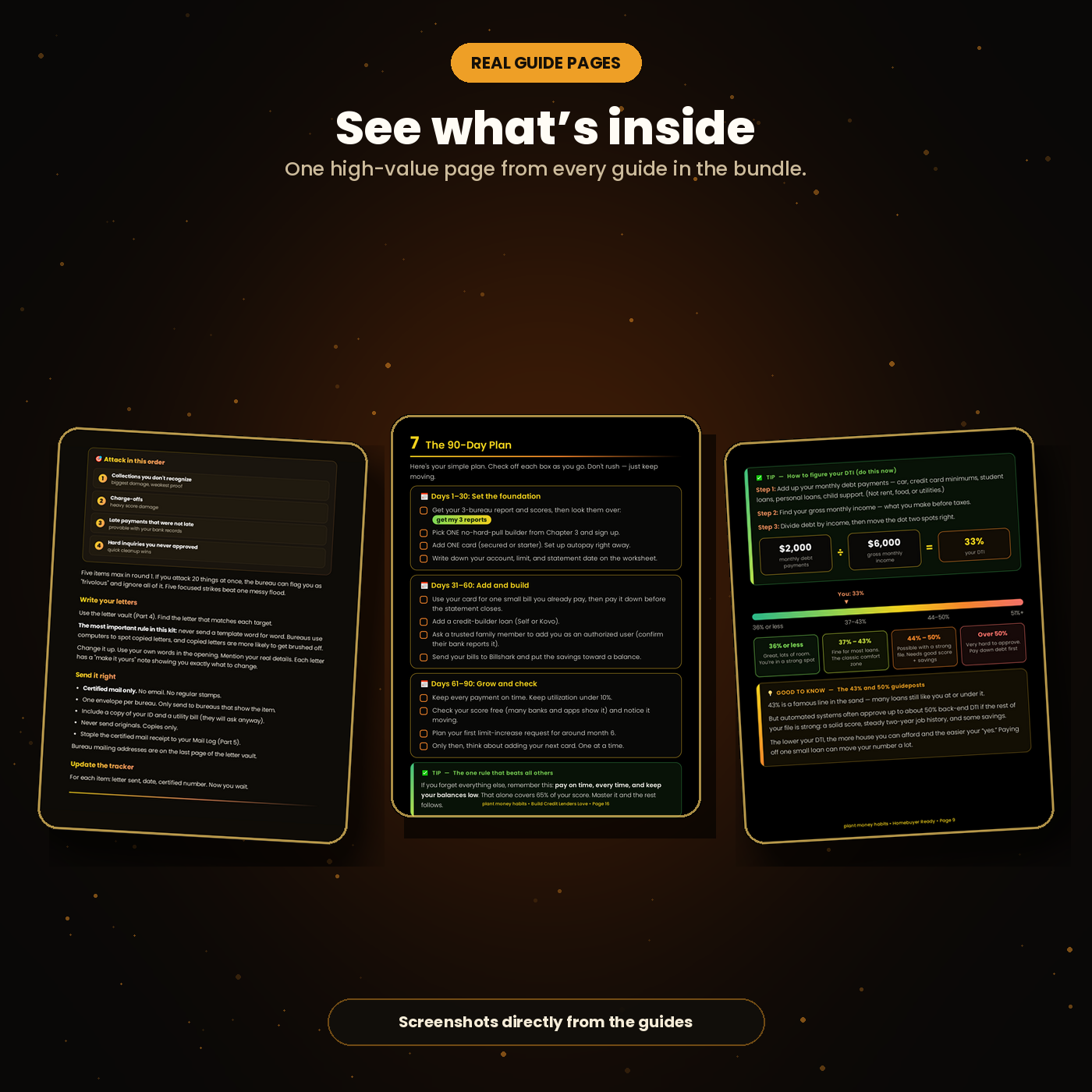 Real pages from The complete credit bundle: attack order, 90-day plan, and DTI calculator.