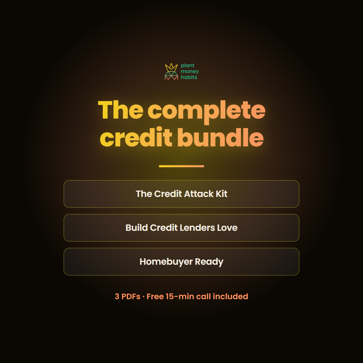 The complete credit bundle. The Credit Attack Kit, Build Credit Lenders Love and Homebuyer Ready. 3 PDFs, free call included.