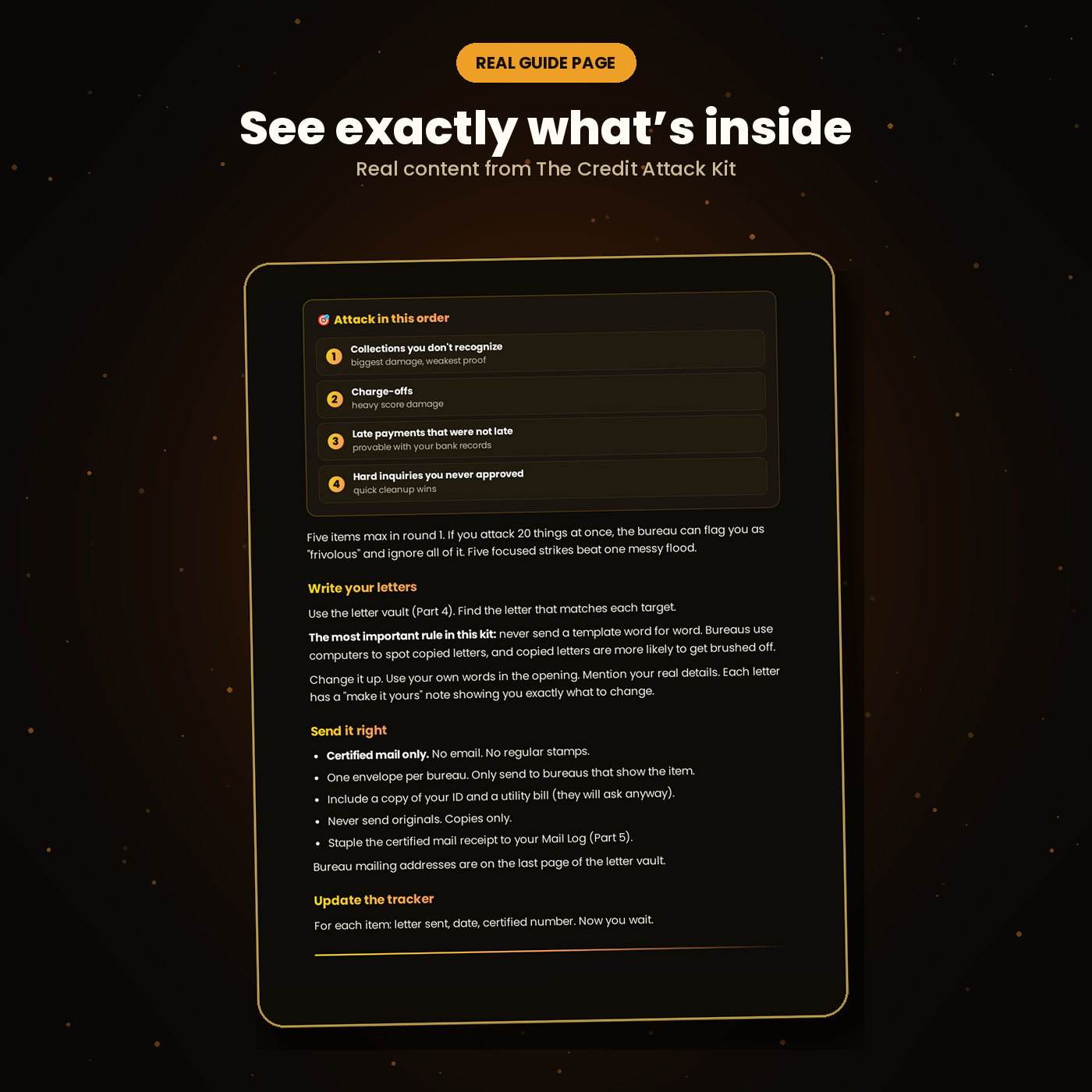 Real page from The Credit Attack Kit showing the recommended order for attacking credit report errors.