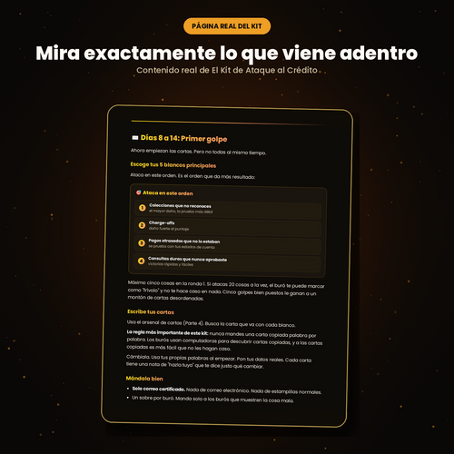 Página real de El Kit de Ataque de Crédito: Días 8 a 14, primer golpe, con el orden recomendado para atacar errores.